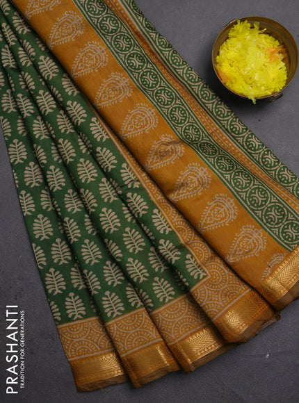 Semi maheshwari cotton saree green and mustard yellow with allover butta prints and zari woven border