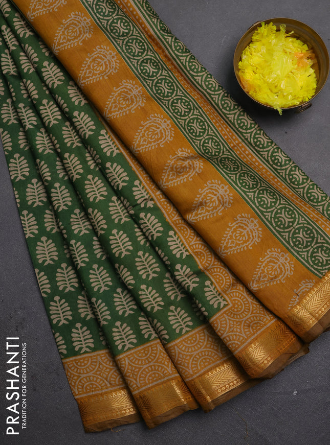 Semi maheshwari cotton saree green and mustard yellow with allover butta prints and zari woven border