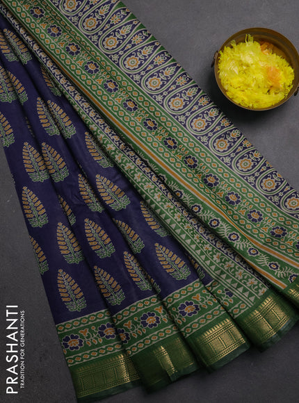 Semi maheshwari cotton saree navy blue and green with allover butta prints and zari woven border
