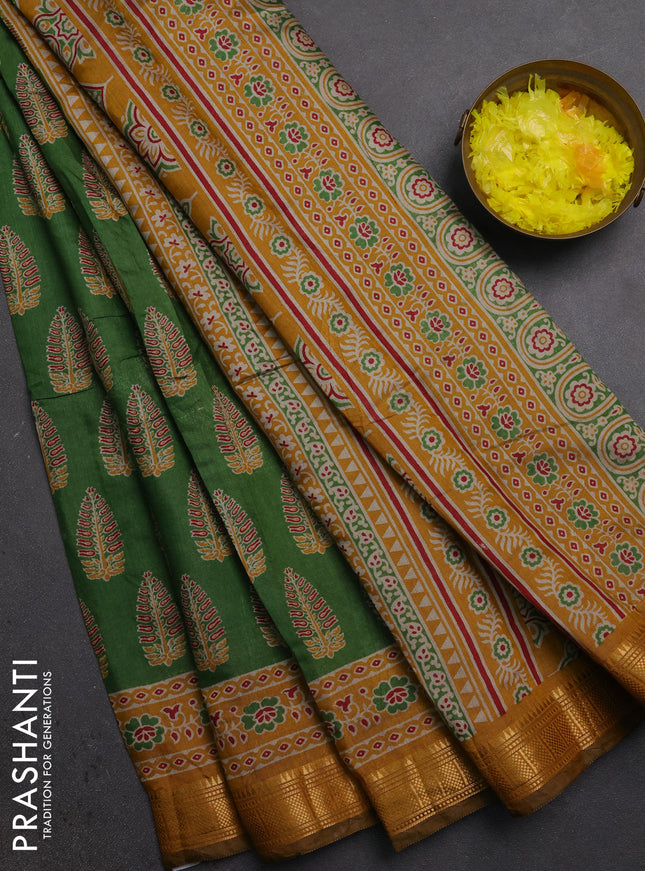 Semi maheshwari cotton saree green and mustard yellow with allover butta prints and zari woven border