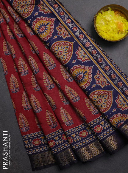 Semi maheshwari cotton saree maroon and navy blue with allover butta prints and zari woven border