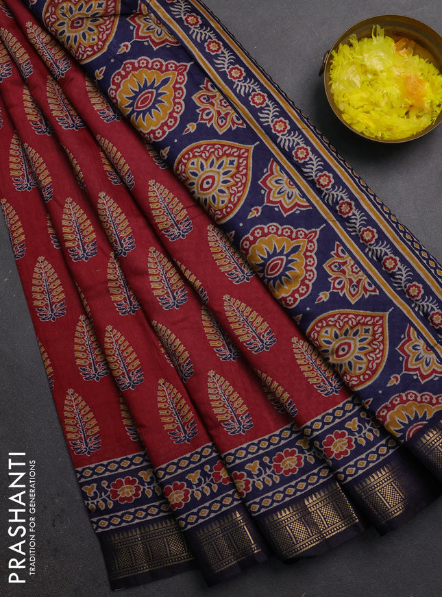 Semi maheshwari cotton saree maroon and navy blue with allover butta prints and zari woven border