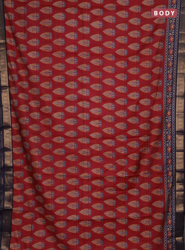 Semi maheshwari cotton saree maroon and navy blue with allover butta prints and zari woven border