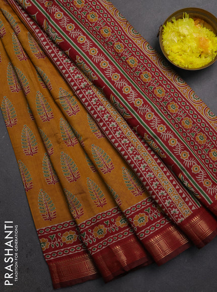 Semi maheshwari cotton saree mustard yellow and maroon with allover butta prints and zari woven border