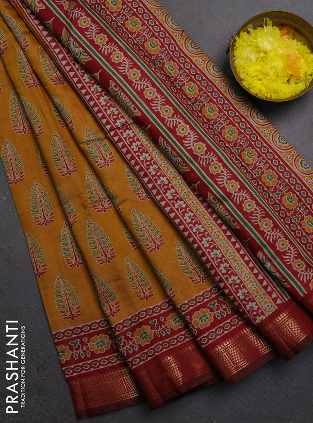 Semi maheshwari cotton saree mustard yellow and maroon with allover butta prints and zari woven border