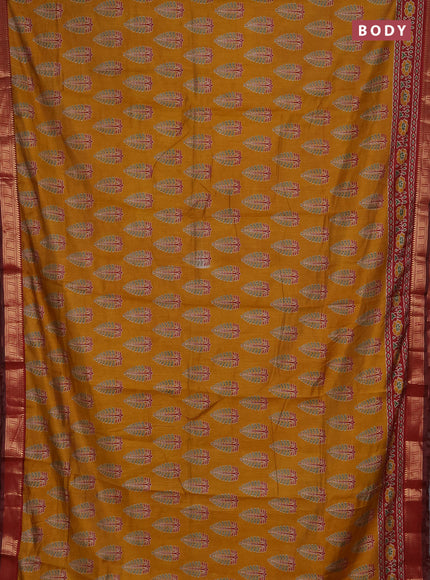 Semi maheshwari cotton saree mustard yellow and maroon with allover butta prints and zari woven border