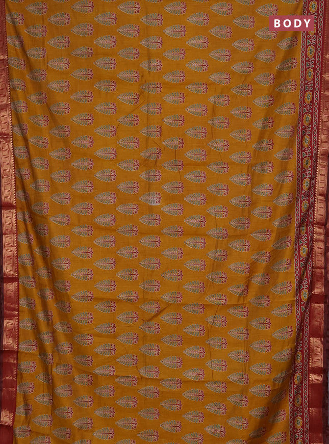 Semi maheshwari cotton saree mustard yellow and maroon with allover butta prints and zari woven border