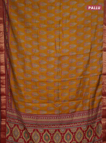 Semi maheshwari cotton saree mustard yellow and maroon with allover butta prints and zari woven border