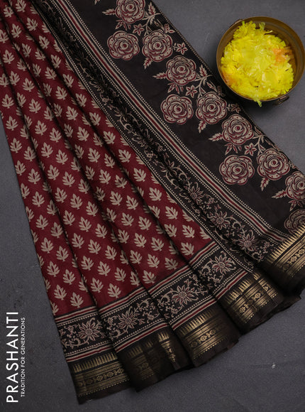 Semi maheshwari cotton saree deep maroon and coffee brown with allover butta prints and zari woven border