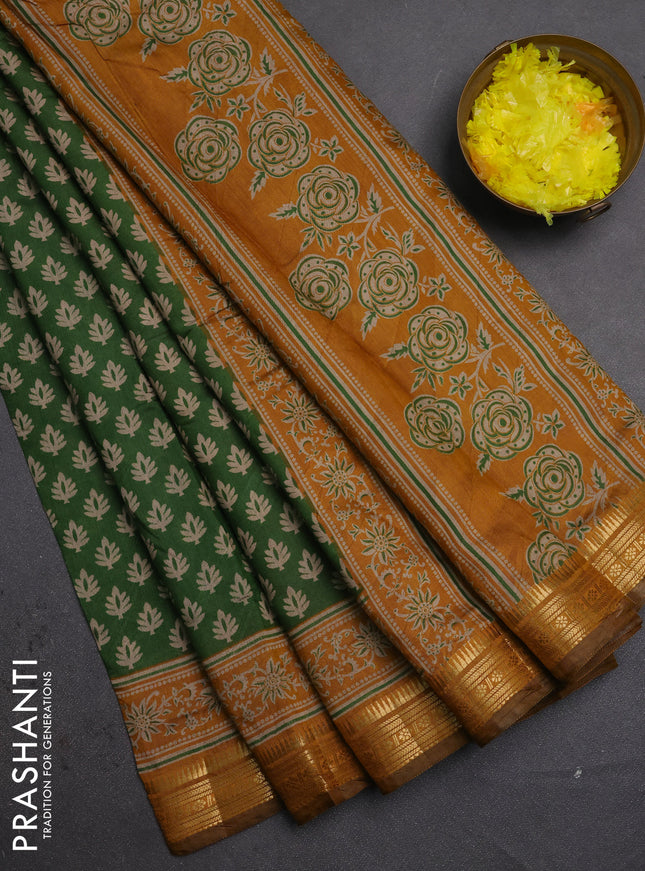 Semi maheshwari cotton saree green and mustard yellow with allover butta prints and zari woven border