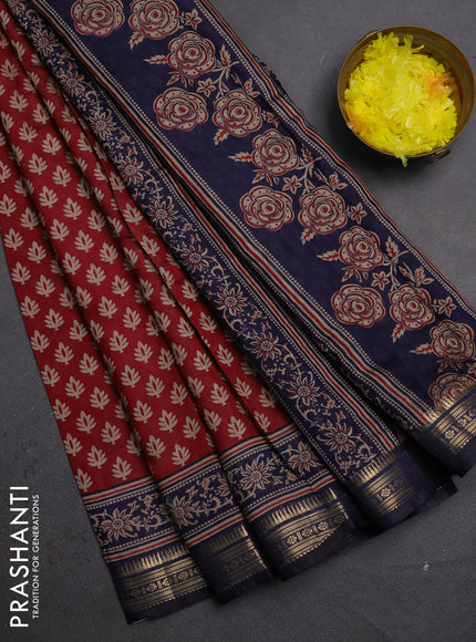 Semi maheshwari cotton saree maroon and navy blue with allover butta prints and zari woven border