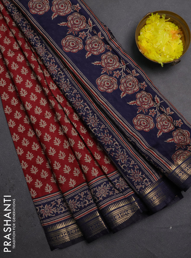 Semi maheshwari cotton saree maroon and navy blue with allover butta prints and zari woven border
