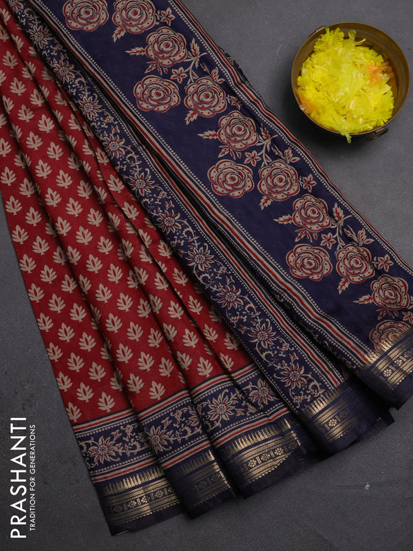 Semi maheshwari cotton saree maroon and navy blue with allover butta prints and zari woven border