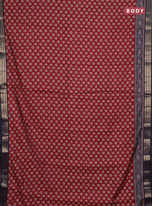 Semi maheshwari cotton saree maroon and navy blue with allover butta prints and zari woven border
