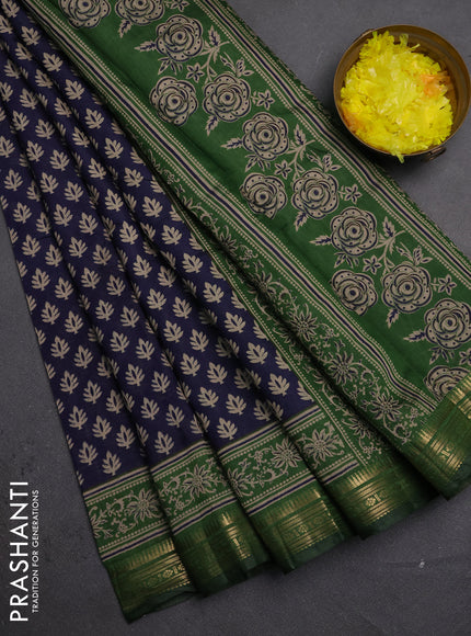 Semi maheshwari cotton saree navy blue and green with allover butta prints and zari woven border