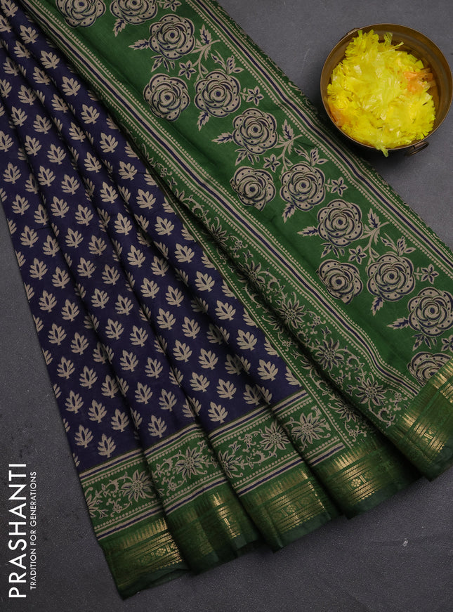 Semi maheshwari cotton saree navy blue and green with allover butta prints and zari woven border