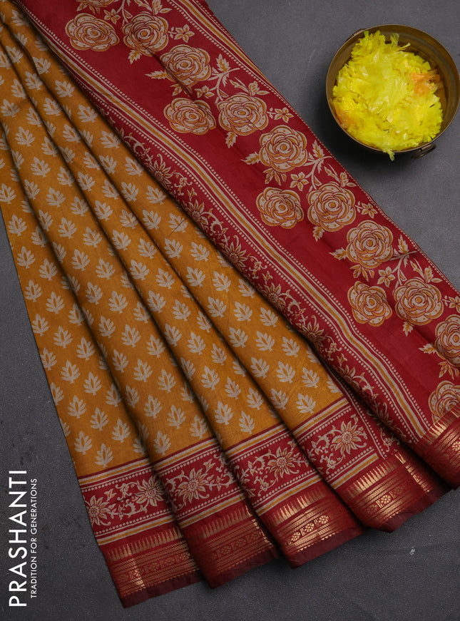 Semi maheshwari cotton saree mustard yellow and maroon with allover butta prints and zari woven border