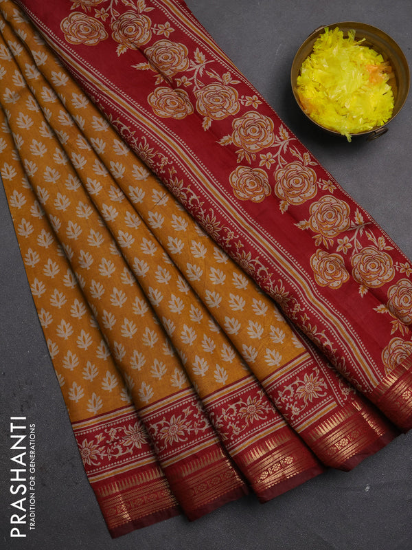Semi maheshwari cotton saree mustard yellow and maroon with allover butta prints and zari woven border