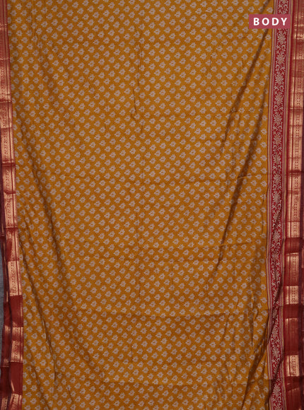 Semi maheshwari cotton saree mustard yellow and maroon with allover butta prints and zari woven border