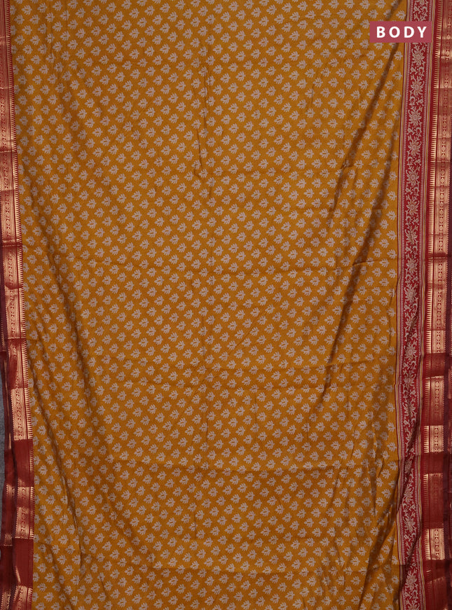 Semi maheshwari cotton saree mustard yellow and maroon with allover butta prints and zari woven border
