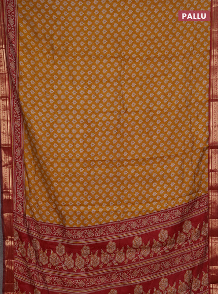 Semi maheshwari cotton saree mustard yellow and maroon with allover butta prints and zari woven border