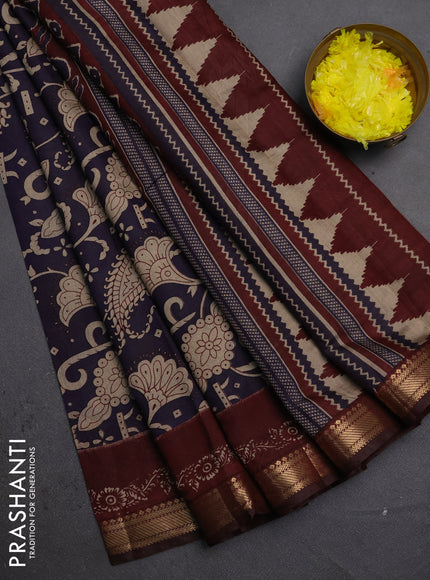 Semi maheshwari cotton saree deep violet and maroon with allover kalamkari prints and zari woven border