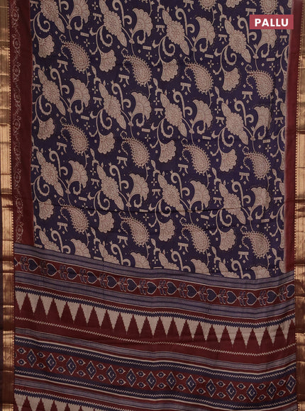 Semi maheshwari cotton saree deep violet and maroon with allover kalamkari prints and zari woven border