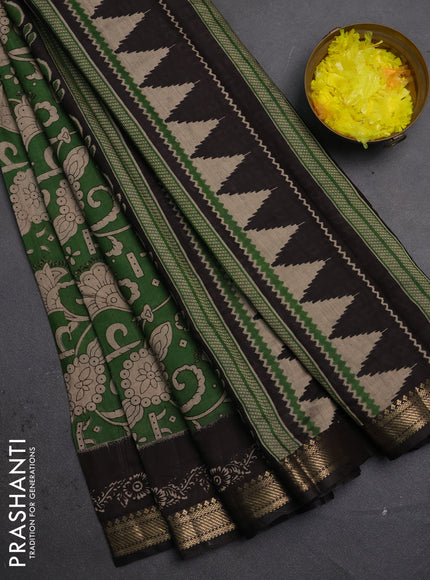 Semi maheshwari cotton saree green and black with allover kalamkari prints and zari woven border