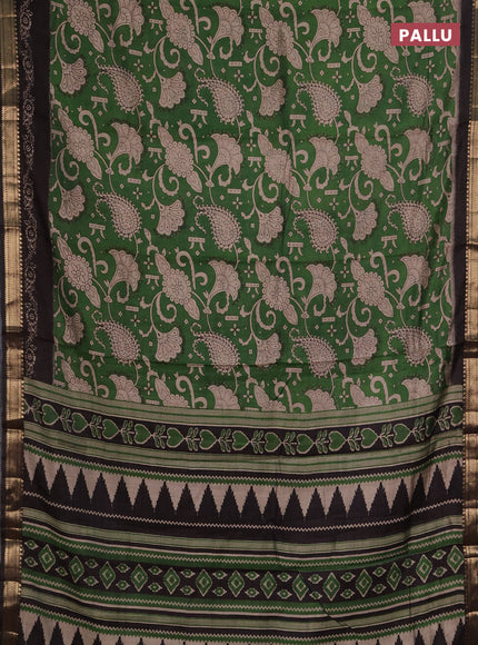 Semi maheshwari cotton saree green and black with allover kalamkari prints and zari woven border
