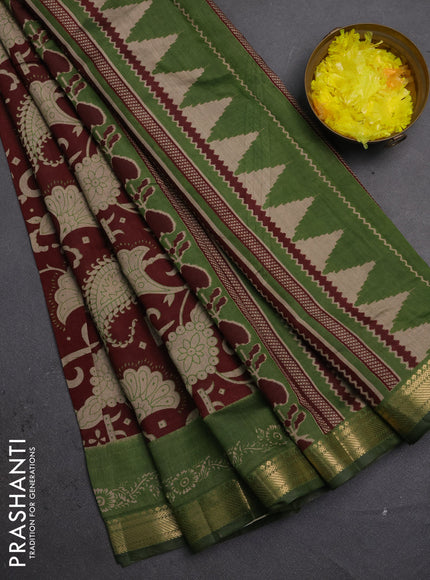 Semi maheshwari cotton saree deep maroon and light green with allover kalamkari prints and zari woven border