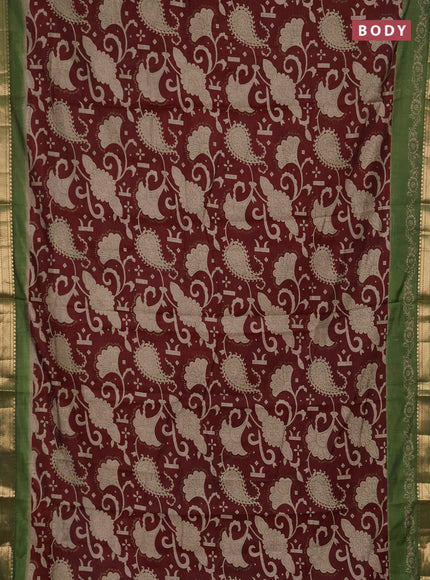 Semi maheshwari cotton saree deep maroon and light green with allover kalamkari prints and zari woven border
