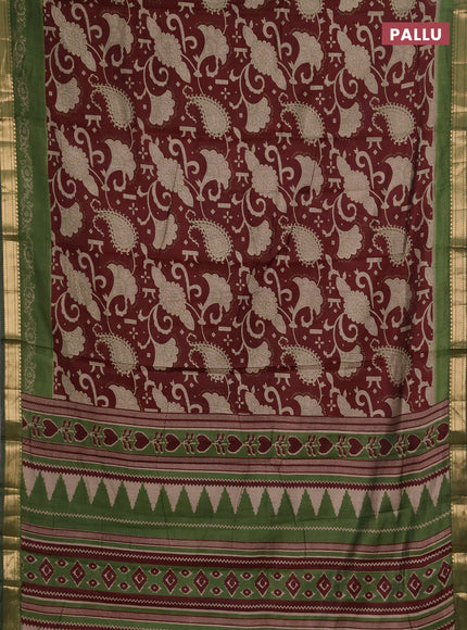 Semi maheshwari cotton saree deep maroon and light green with allover kalamkari prints and zari woven border