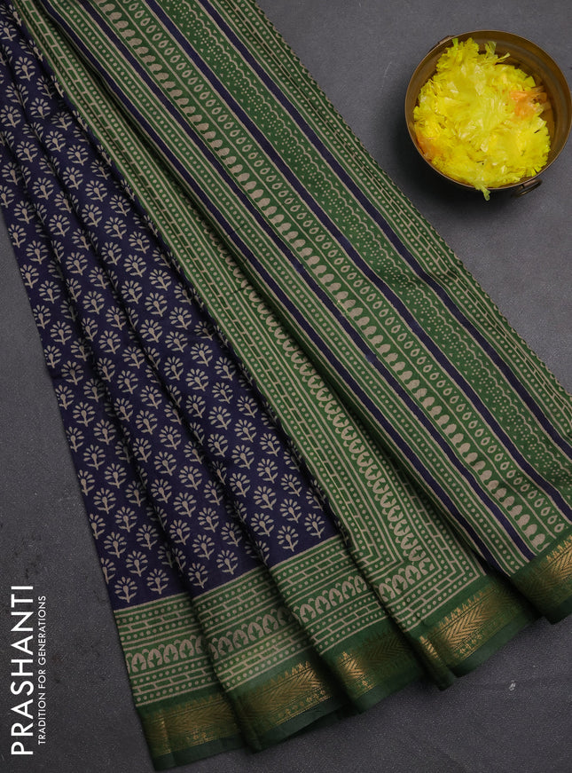 Semi maheshwari cotton saree navy blue and green with allover butta prints and zari woven border