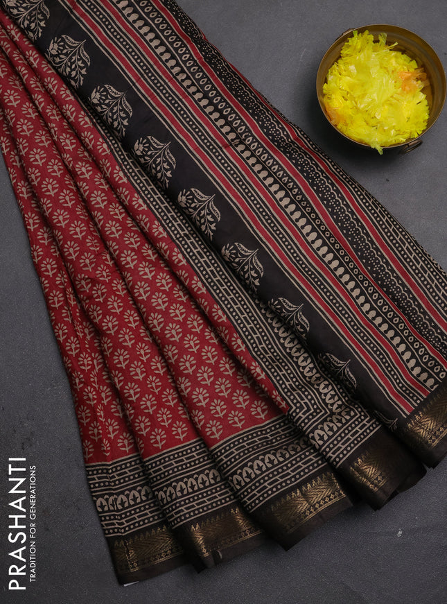 Semi maheshwari cotton saree maroon and coffee brown with allover butta prints and zari woven border