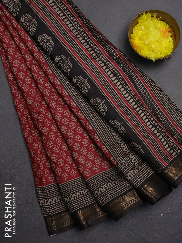 Semi maheshwari cotton saree maroon and coffee brown with allover butta prints and zari woven border