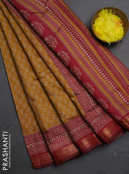 Semi maheshwari cotton saree mustard yellow and maroon with allover butta prints and zari woven border