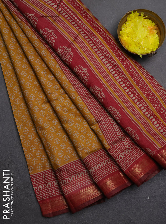 Semi maheshwari cotton saree mustard yellow and maroon with allover butta prints and zari woven border