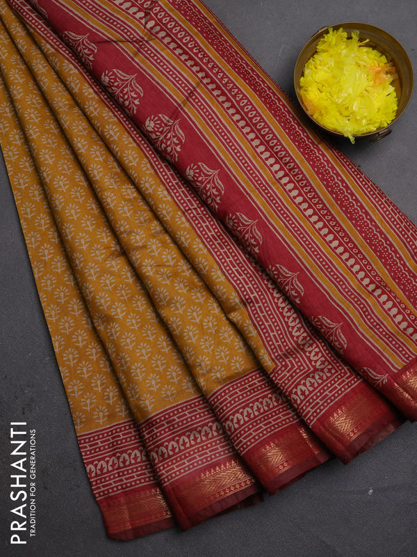 Semi maheshwari cotton saree mustard yellow and maroon with allover butta prints and zari woven border