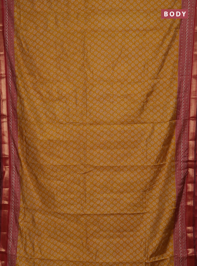 Semi maheshwari cotton saree mustard yellow and maroon with allover butta prints and zari woven border