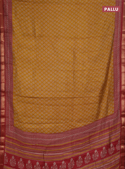 Semi maheshwari cotton saree mustard yellow and maroon with allover butta prints and zari woven border