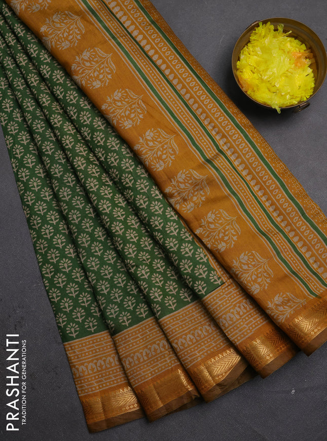 Semi maheshwari cotton saree green and mustard yellow with allover butta prints and zari woven border