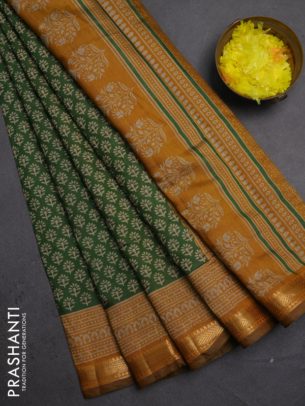 Semi maheshwari cotton saree green and mustard yellow with allover butta prints and zari woven border