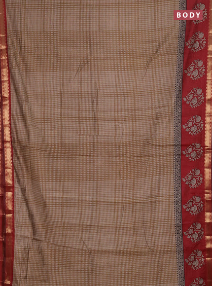 Semi maheshwari cotton saree beige and maroon with allover checks pattern and floral butta printed zari woven border