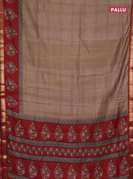 Semi maheshwari cotton saree beige and maroon with allover checks pattern and floral butta printed zari woven border