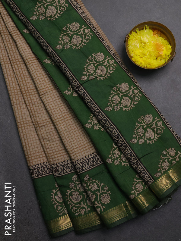 Semi maheshwari cotton saree beige and green with allover checks pattern and floral butta printed zari woven border