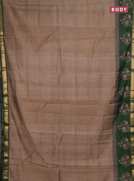 Semi maheshwari cotton saree beige and green with allover checks pattern and floral butta printed zari woven border