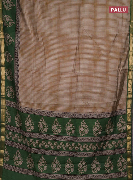 Semi maheshwari cotton saree beige and green with allover checks pattern and floral butta printed zari woven border