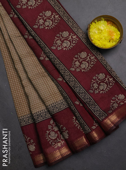 Semi maheshwari cotton saree beige and wine with allover checks pattern and floral butta printed zari woven border