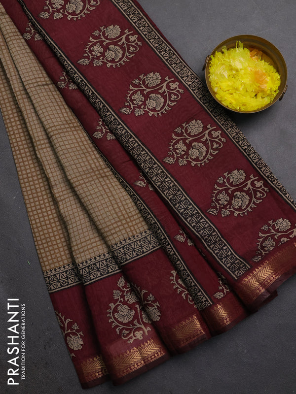 Semi maheshwari cotton saree beige and wine with allover checks pattern and floral butta printed zari woven border