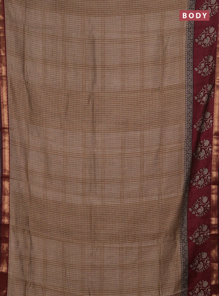 Semi maheshwari cotton saree beige and wine with allover checks pattern and floral butta printed zari woven border